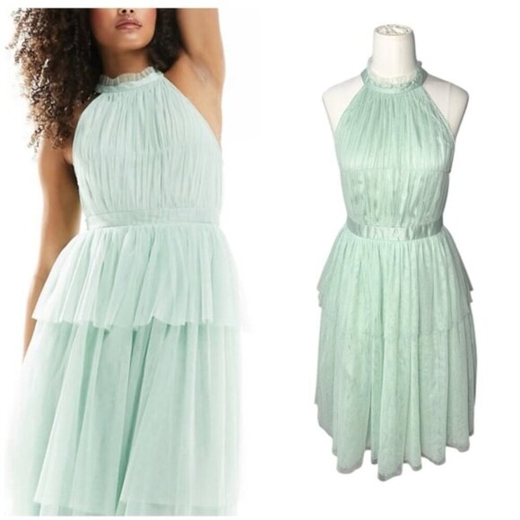 Vila halterneck tulle Midi dress with tiered skirt in mint green in Size 4 - Picture 1 of 5